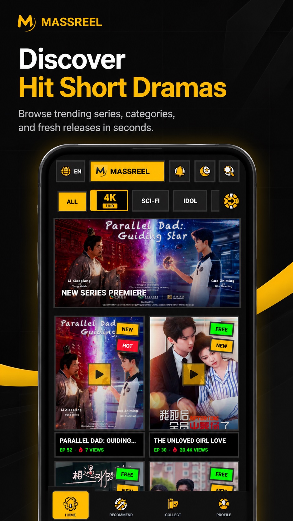 MassReel discovery screen with hit short dramas